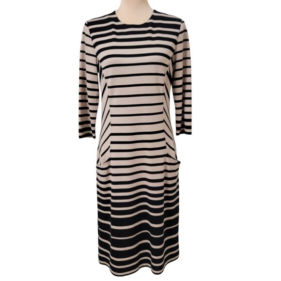 J. McLaughlin Size M Black & Tan Stripe Catalyst 3/4 Sleeve Sheath Dress - Picture 1 of 13